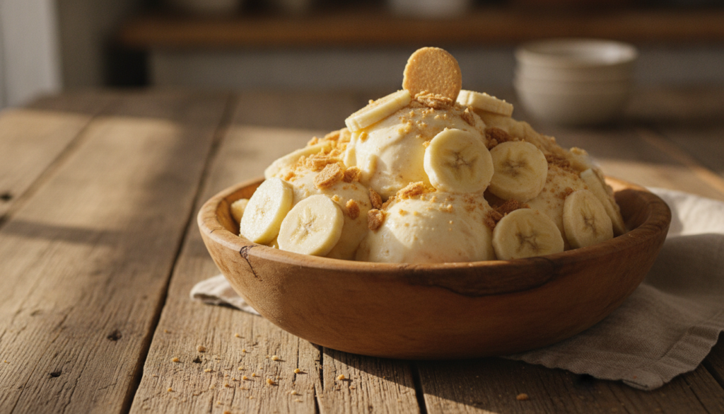 A bowl of creamy yellow Banana Pudding No-Churn Ice Cream garnished with banana slices and crushed vanilla wafers