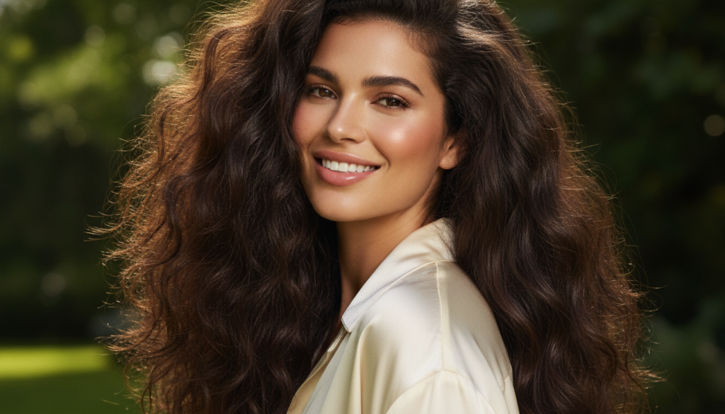 A woman with shiny healthy-looking hair smiling to represent the desired results of the scrub