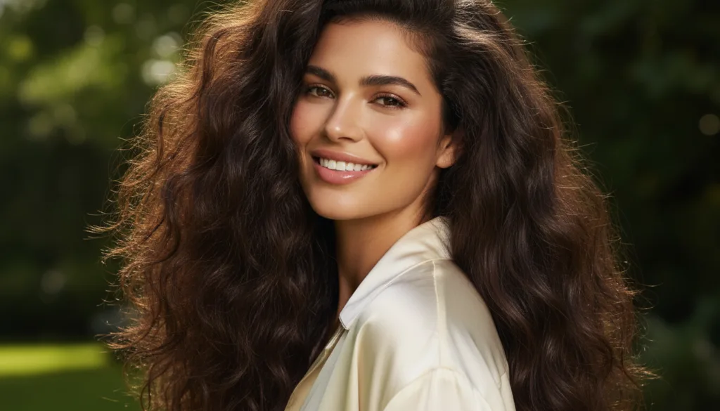 A woman with shiny healthy-looking hair smiling to represent the desired results of the scrub