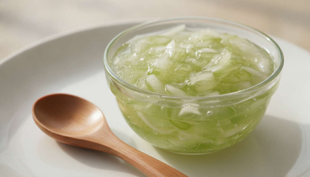 A bowl containing grated onion pulp or onion juice mixed with aloe vera gel ready for application with a small spoon