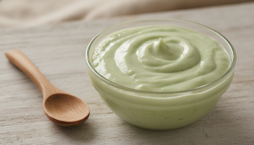 A small bowl with the mixed paste of aloe vera honey and yogurt with a spoon beside it ready for application