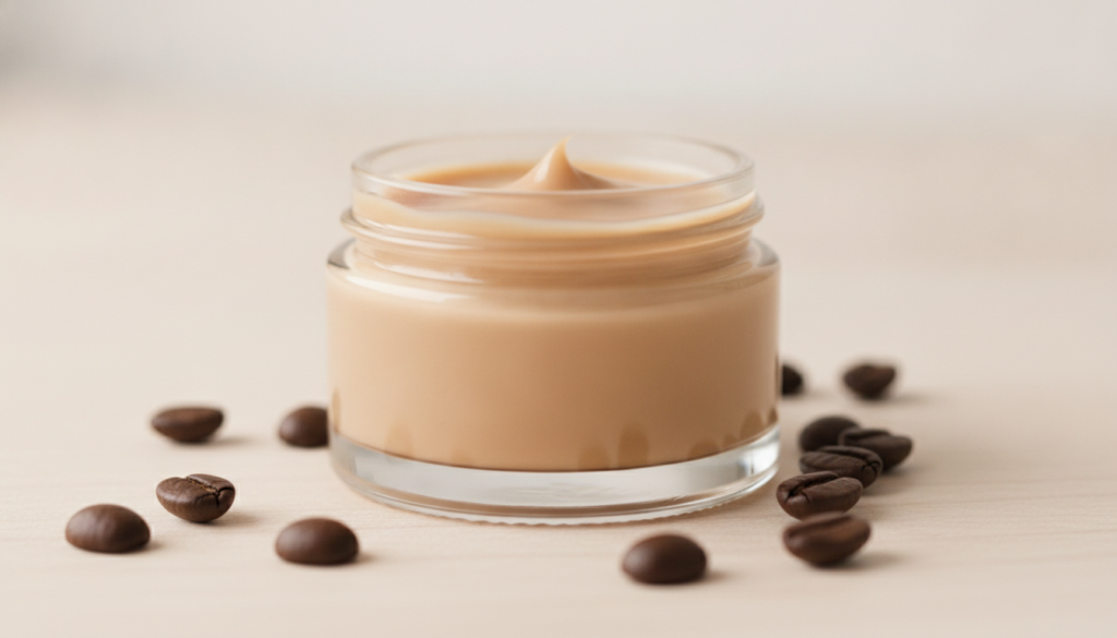 A close-up of a small glass jar filled with the homemade Vaseline and coffee balm with a few coffee beans scattered arou