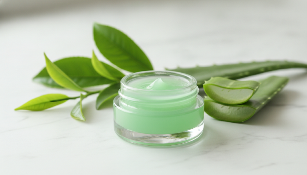 A small container of the green-tinted Vaseline and firming balm with fresh green tea leaves and an aloe vera leaf in the