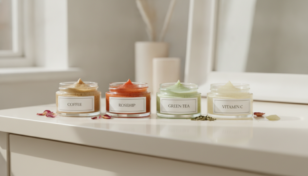 A collection of small labelled containers with the four different Vaseline-based beauty balms coffee rosehip green tea a