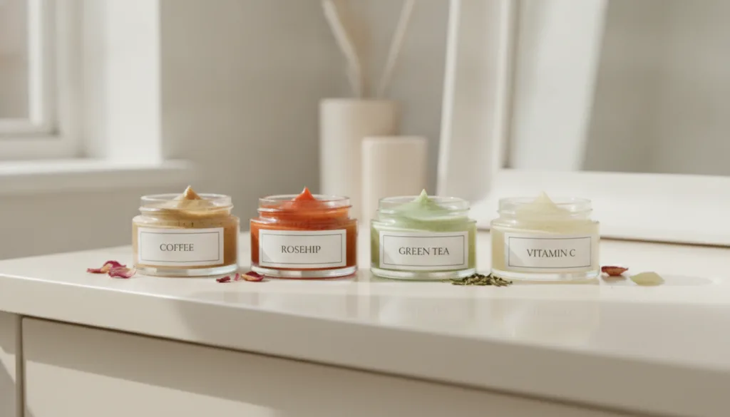 A collection of small labelled containers with the four different Vaseline-based beauty balms coffee rosehip green tea a
