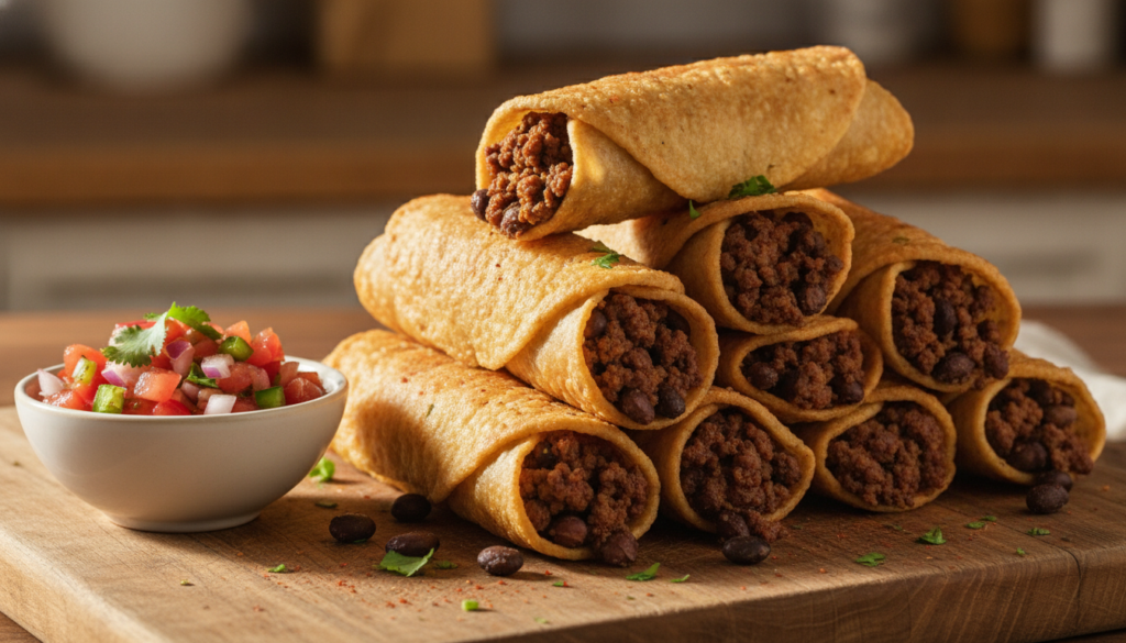 Crispy golden-brown tortilla wraps filled with spicy ground beef black beans and cheese served with a side of salsa
