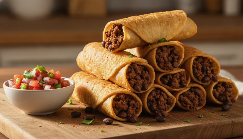Crispy golden-brown tortilla wraps filled with spicy ground beef black beans and cheese served with a side of salsa