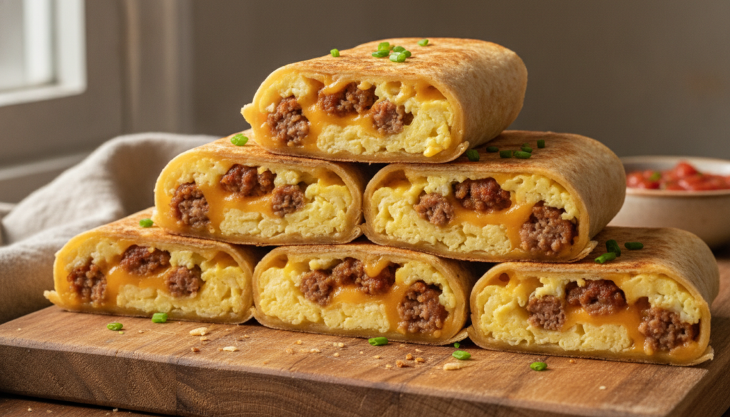 Warm fluffy tortilla wraps filled with scrambled eggs cooked breakfast sausage and melted cheese ready for a hearty brea