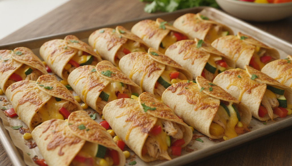 Baked tortilla wraps filled with shredded chicken melted cheese and colorful vegetables golden brown and lightly crisp f