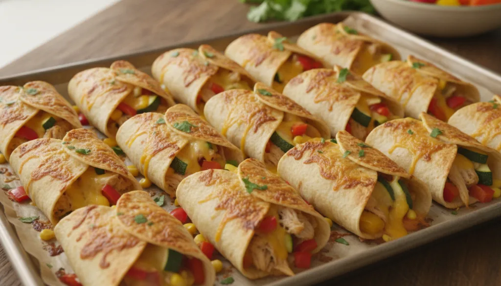 Baked tortilla wraps filled with shredded chicken melted cheese and colorful vegetables golden brown and lightly crisp f