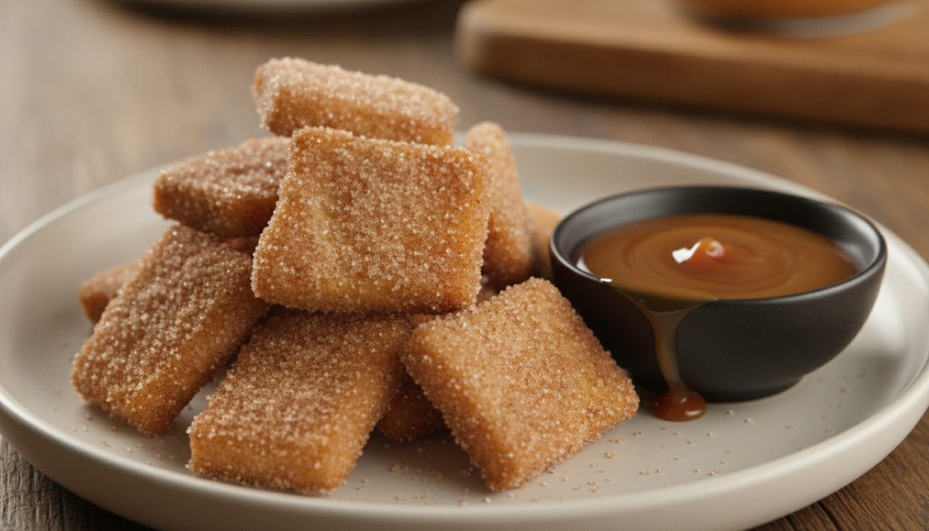 Golden-brown crispy tortilla bites coated in cinnamon sugar served warm with a side of caramel sauce or chocolate dip