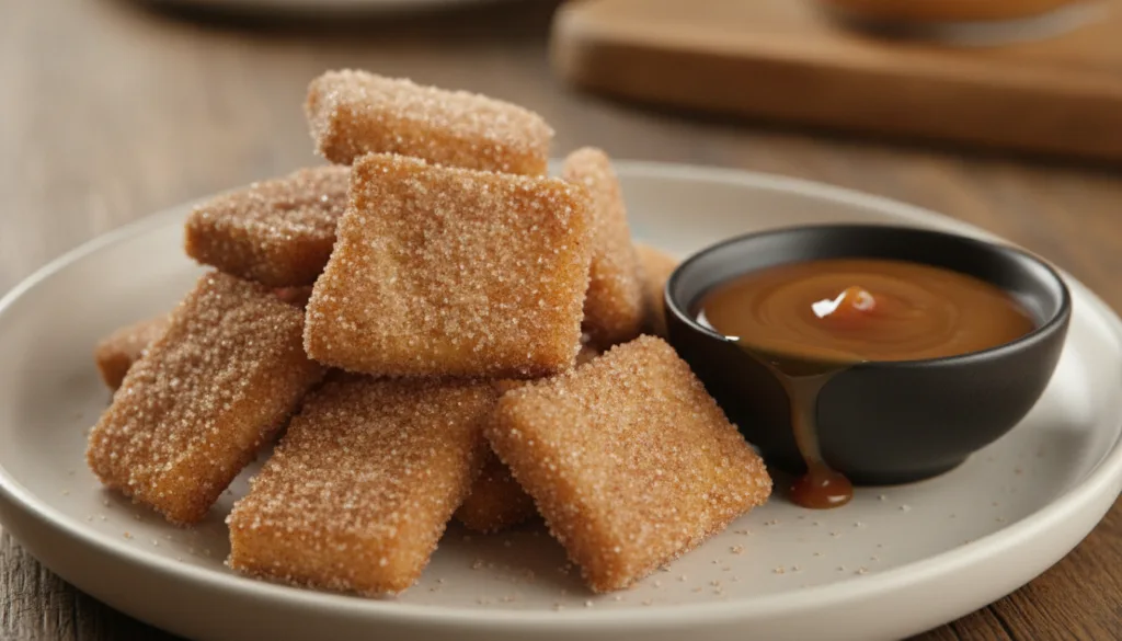 Golden-brown crispy tortilla bites coated in cinnamon sugar served warm with a side of caramel sauce or chocolate dip