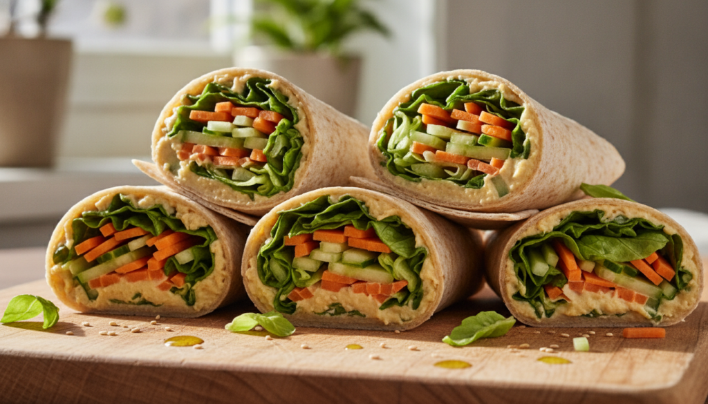 Fresh colorful no-cook tortilla wraps filled with creamy hummus and a variety of crisp raw vegetables like cucumber carr