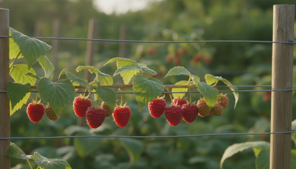 Close-up of vibrant red ripe raspberries hanging from green canes on a wire trellis ready for harvest