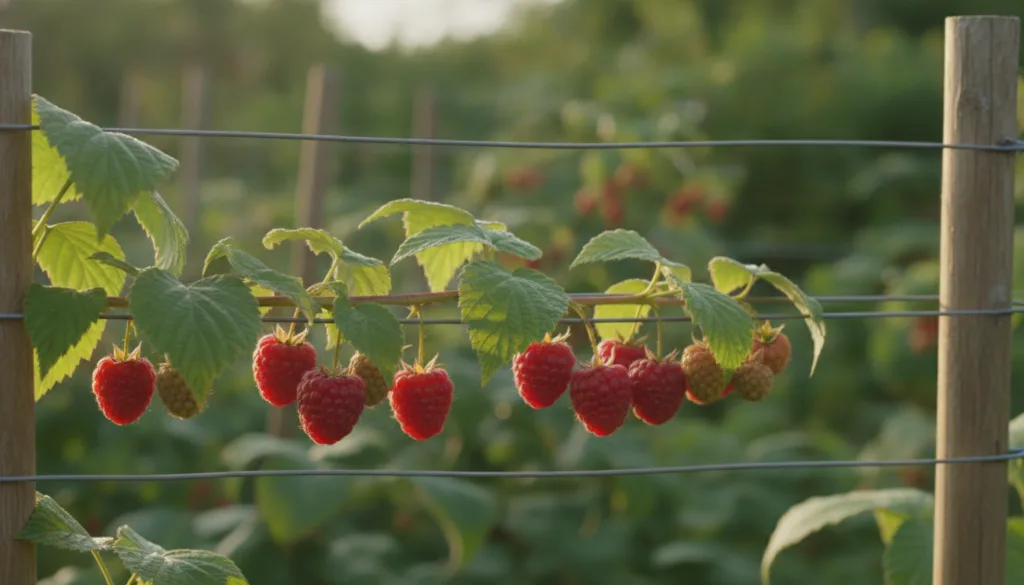 Close-up of vibrant red ripe raspberries hanging from green canes on a wire trellis ready for harvest