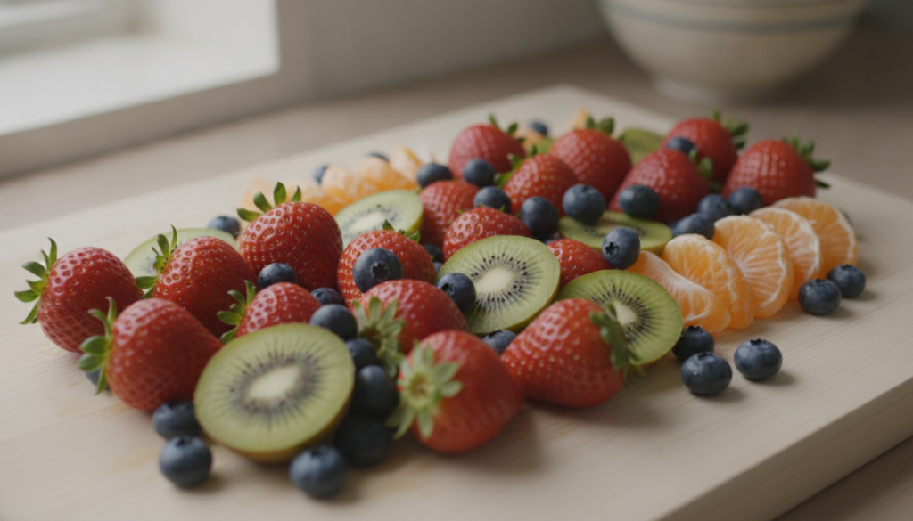 An assortment of fresh colorful fruits neatly arranged including strawberries kiwi blueberries and orange slices ready f