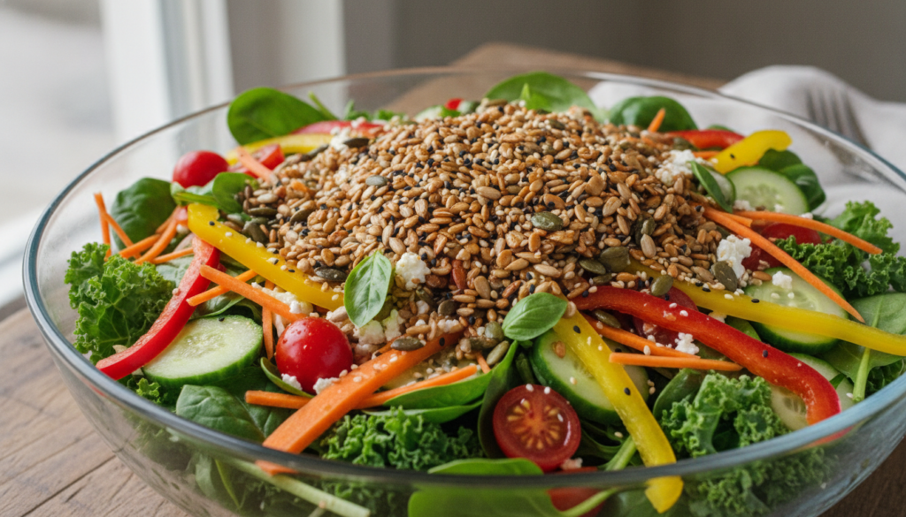 A vibrant healthy salad topped generously with a mix of sunflower pumpkin and sesame seeds showcasing practical use of t