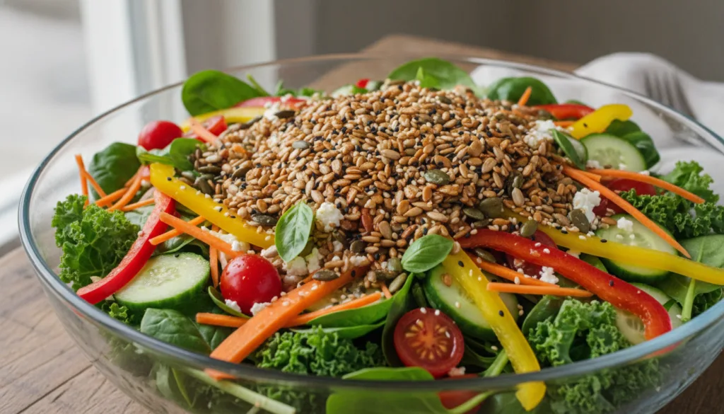 A vibrant healthy salad topped generously with a mix of sunflower pumpkin and sesame seeds showcasing practical use of t