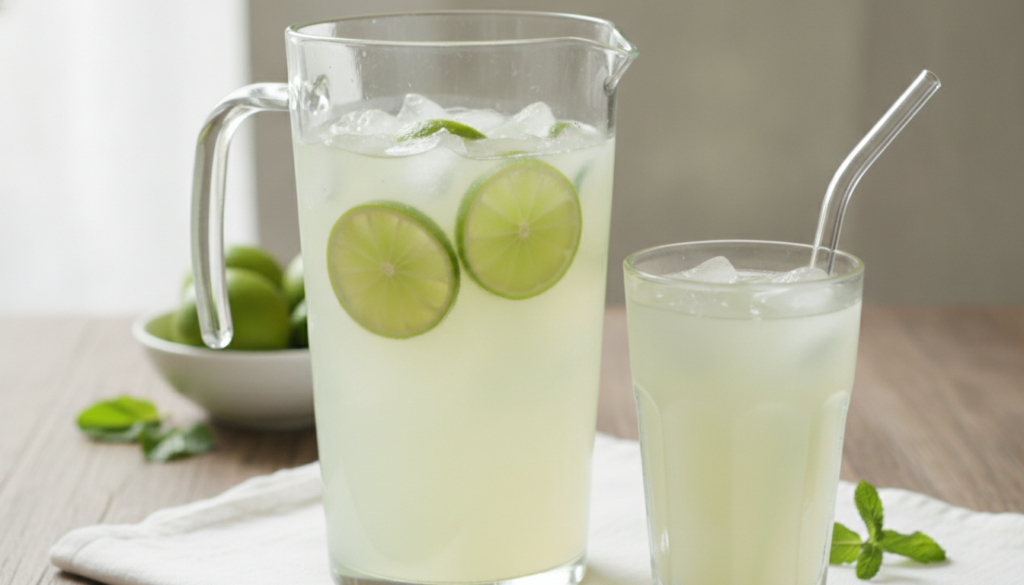 A glass pitcher of creamy white Brazilian lemonade with lime slices and ice served in a tall glass with a straw