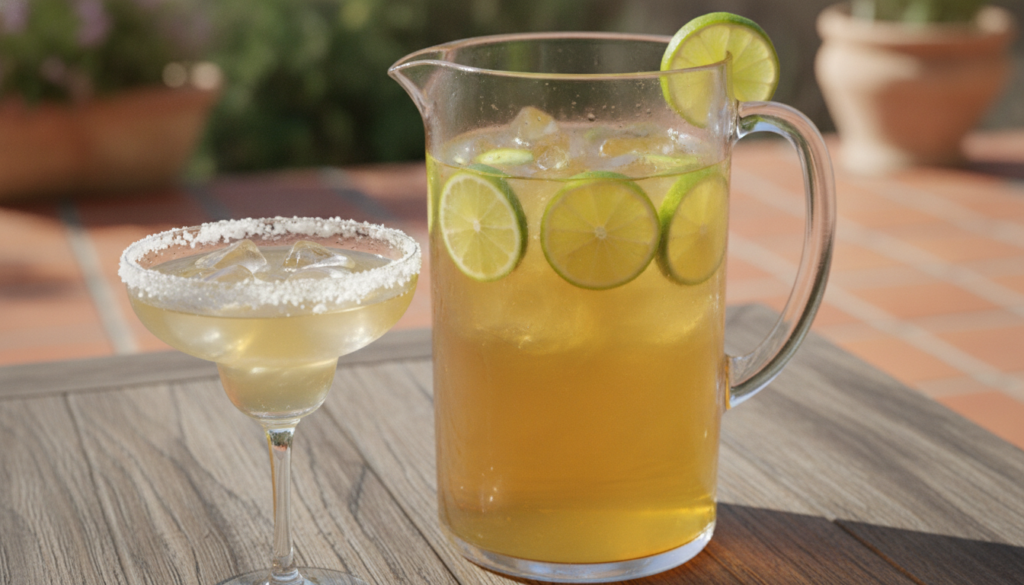 A large glass pitcher filled with golden margarita garnished with lime slices served over ice in a glass with a salt-rim