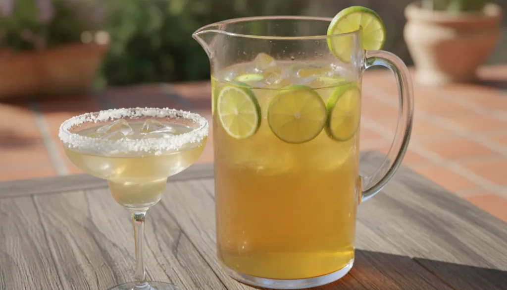 A large glass pitcher filled with golden margarita garnished with lime slices served over ice in a glass with a salt-rim