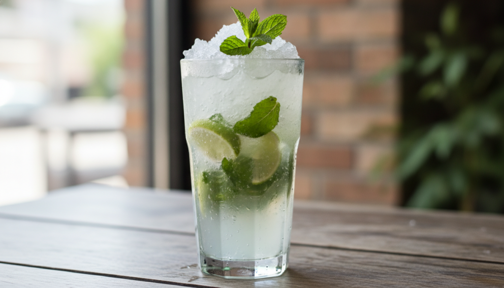 A tall glass of a classic mint mojito filled with ice fresh mint leaves and lime wedges with condensation on the glass