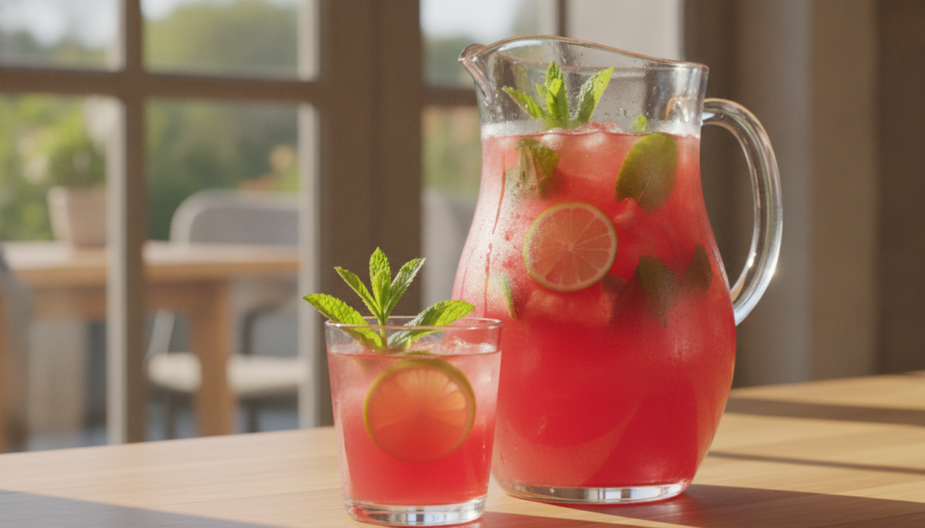 A glass pitcher of bright red watermelon refresher with mint and lime slices served in a glass over ice