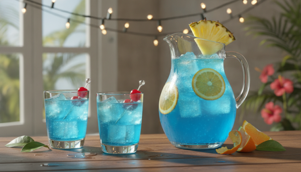 A pitcher of bright blue tropical lemonade with pineapple and orange slices served in glasses with cherries and cocktail
