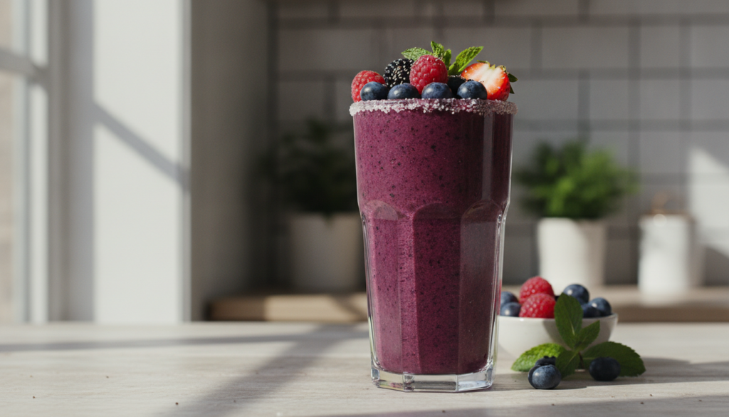 A vibrant purple berry blast smoothie in a tall glass garnished with fresh mixed berries on top