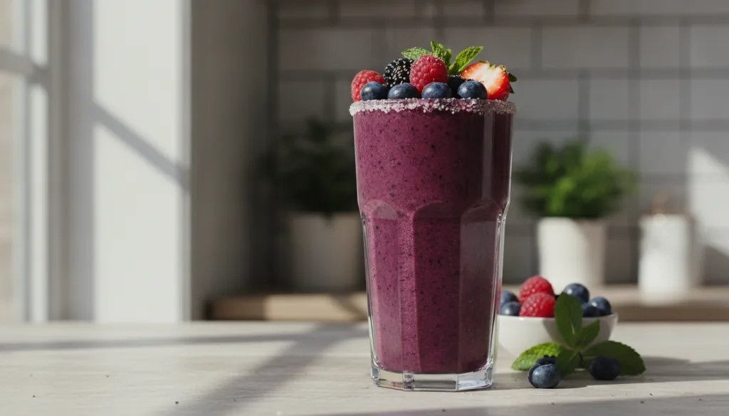 A vibrant purple berry blast smoothie in a tall glass garnished with fresh mixed berries on top