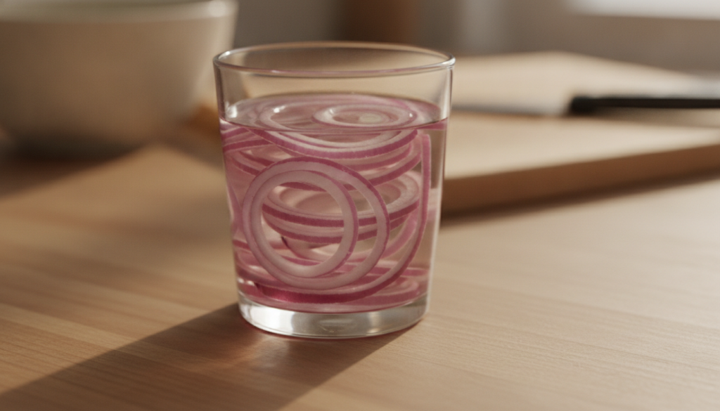 A glass of water with sliced red onions steeping in it on a kitchen counter at night