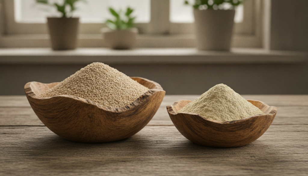 Two bowls side by side one with ground flaxseed meal and the other with amla powder ready to be mixed