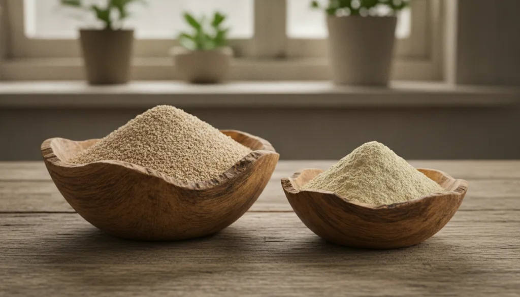 Two bowls side by side one with ground flaxseed meal and the other with amla powder ready to be mixed