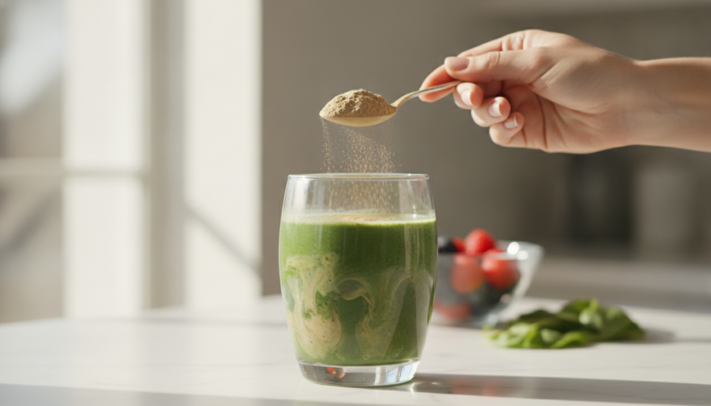 A woman adding a spoonful of the brown beauty powder into a smoothie in a glass with a soft focus kitchen background