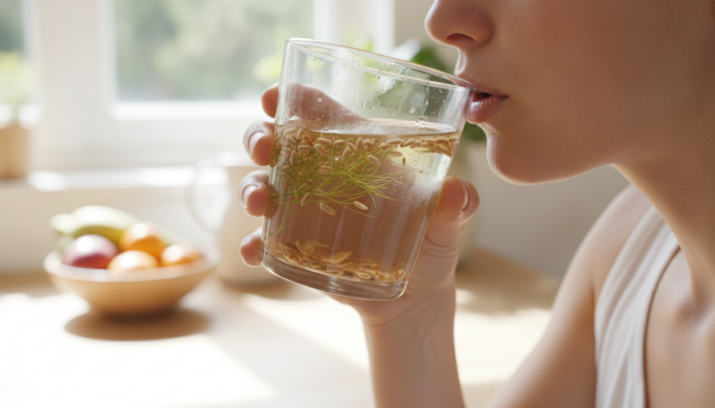 A person drinking fennel infused water from a clear glass with a refreshing and healthy vibe