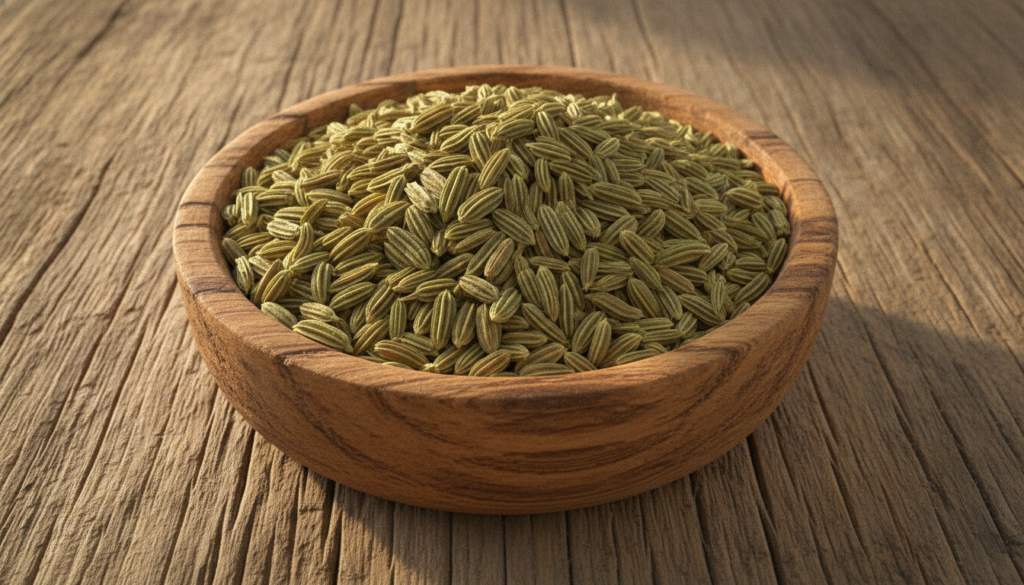 Close-up of dried fennel seeds in a wooden bowl or on a rustic surface highlighting their texture and green hue