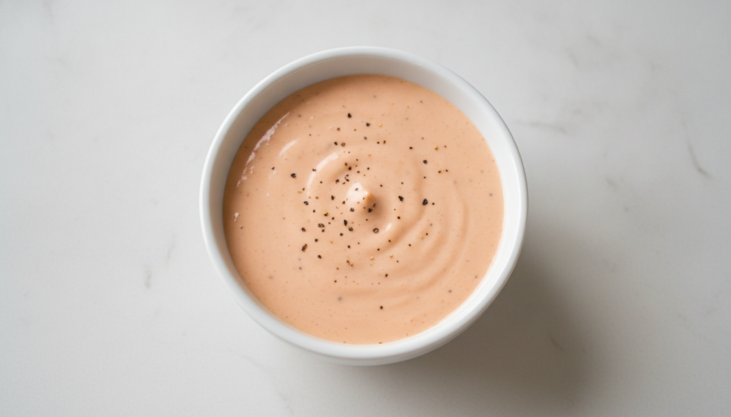 Overhead view of a small white bowl filled with a creamy orange-pink Raising Cane s style sauce garnished with a sprinkl
