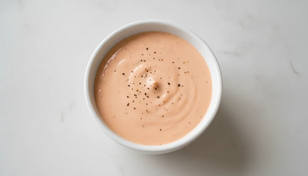 Overhead view of a small white bowl filled with a creamy orange-pink Raising Cane s style sauce garnished with a sprinkl