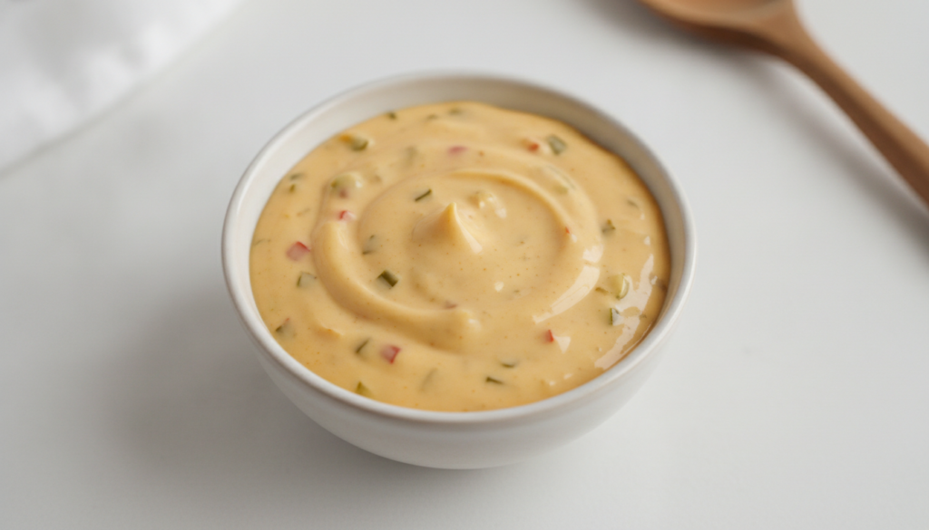 Close-up overhead shot of a creamy orange-yellow Big Mac style special sauce in a small bowl with visible relish flecks 