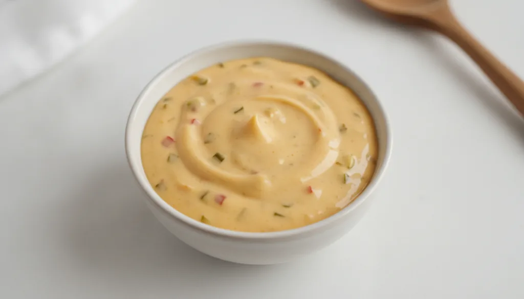 Close-up overhead shot of a creamy orange-yellow Big Mac style special sauce in a small bowl with visible relish flecks 
