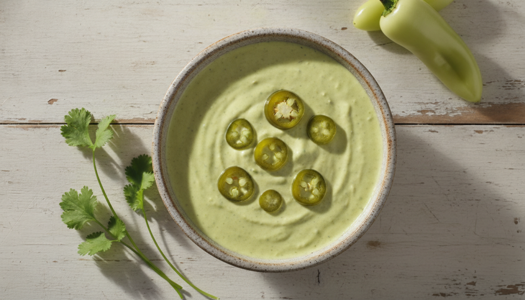 Overhead shot of a vibrant light green creamy jalapeño sauce in a small rustic bowl garnished with a few finely chopped 