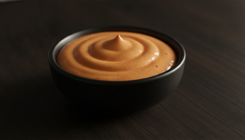 Close-up of a creamy orange-red Popeyes style spicy mayo in a small black bowl with a smooth texture and a hint of spice