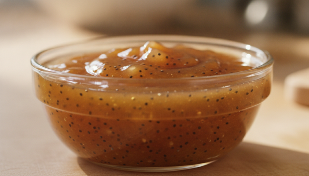 A small glass bowl filled with glossy amber-colored Subway style sweet onion sauce with visible poppy seeds The backgrou