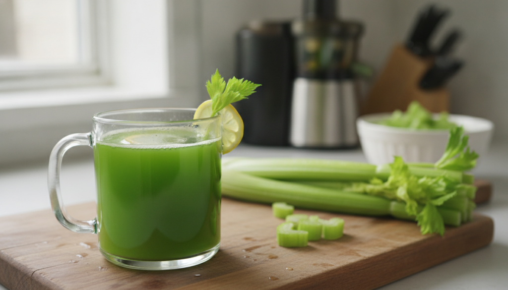 A clear glass mug filled with bright green freshly made celery juice with a few fresh celery stalks casually placed in t