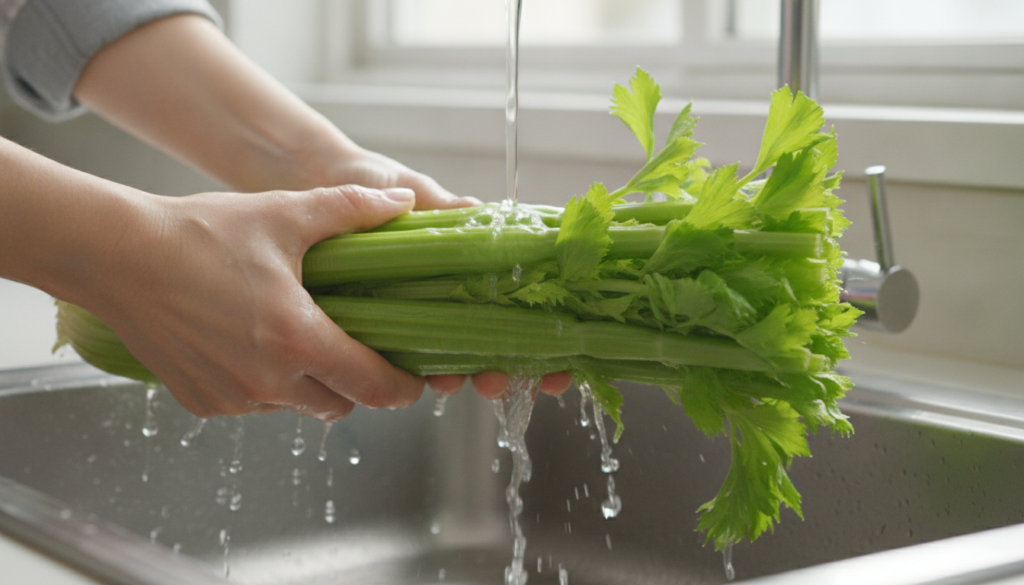 Fresh celery stalks being thoroughly washed under cold running water in a kitchen sink Hands are visible scrubbing the s
