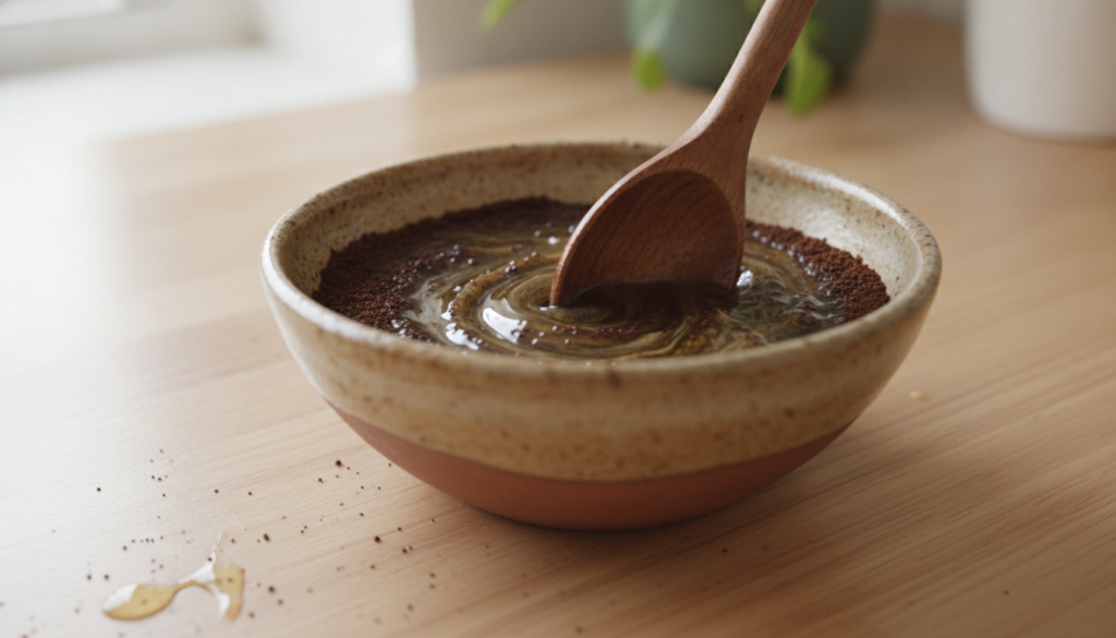 A close-up of coffee grounds being mixed with a light oil in a small ceramic bowl with a soft focus on the texture of th