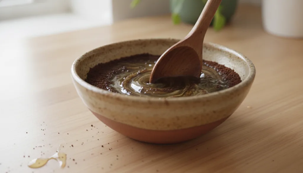 A close-up of coffee grounds being mixed with a light oil in a small ceramic bowl with a soft focus on the texture of th
