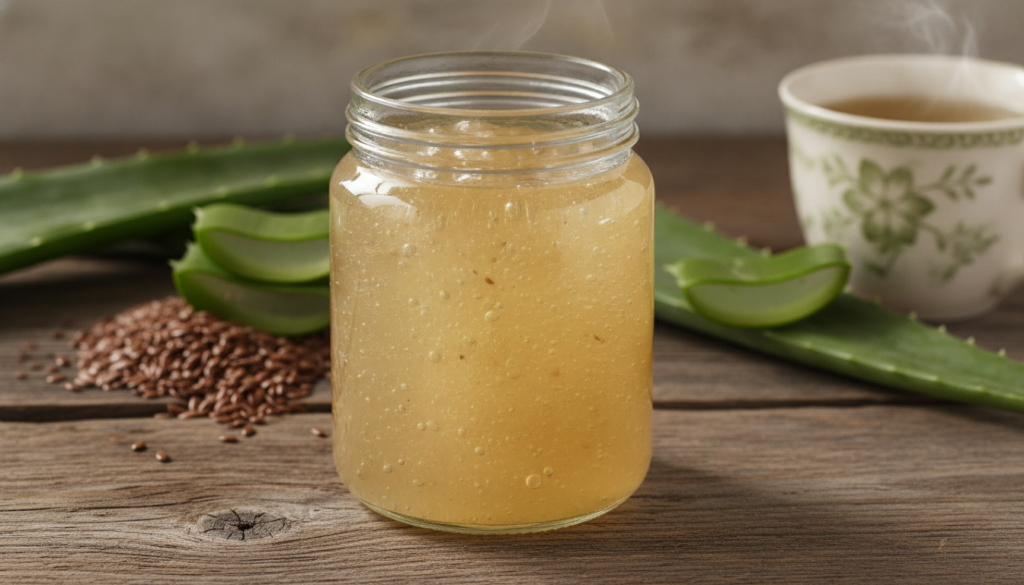 A clear glass jar filled with a light amber viscous gel with flaxseeds and fresh aloe vera leaves visible in the backgro