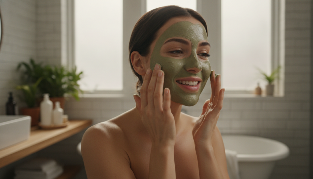 A woman applying a face mask with a serene and happy expression surrounded by natural light emphasizing a self-care mome