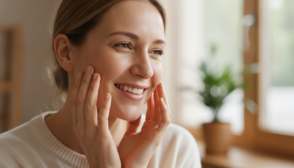 A close-up of a smiling woman gently touching her firm glowing skin looking refreshed and happy The background is soft a